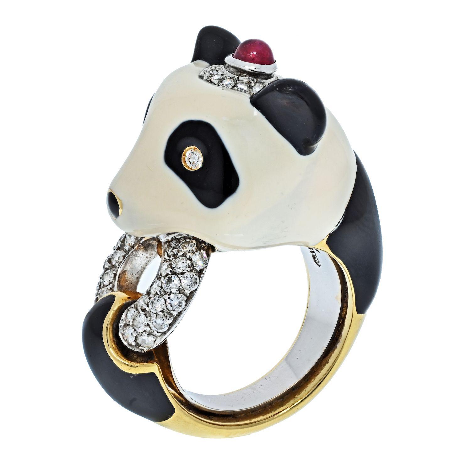 David Webb Panda Vintage-Ring aus Gold und Platin mit schwarzer und weißer Emaille und Diamanten (Moderne)