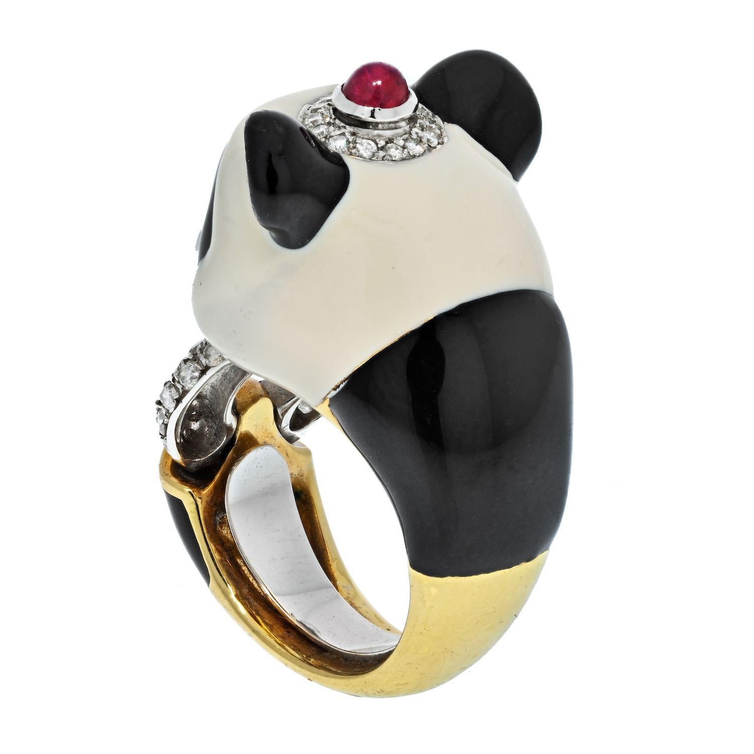David Webb Panda Vintage-Ring aus Gold und Platin mit schwarzer und weißer Emaille und Diamanten (Rundschliff)