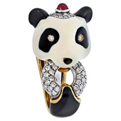 David Webb Gold and Platinum Panda Black and White Enamel Diamond Vintage Ring