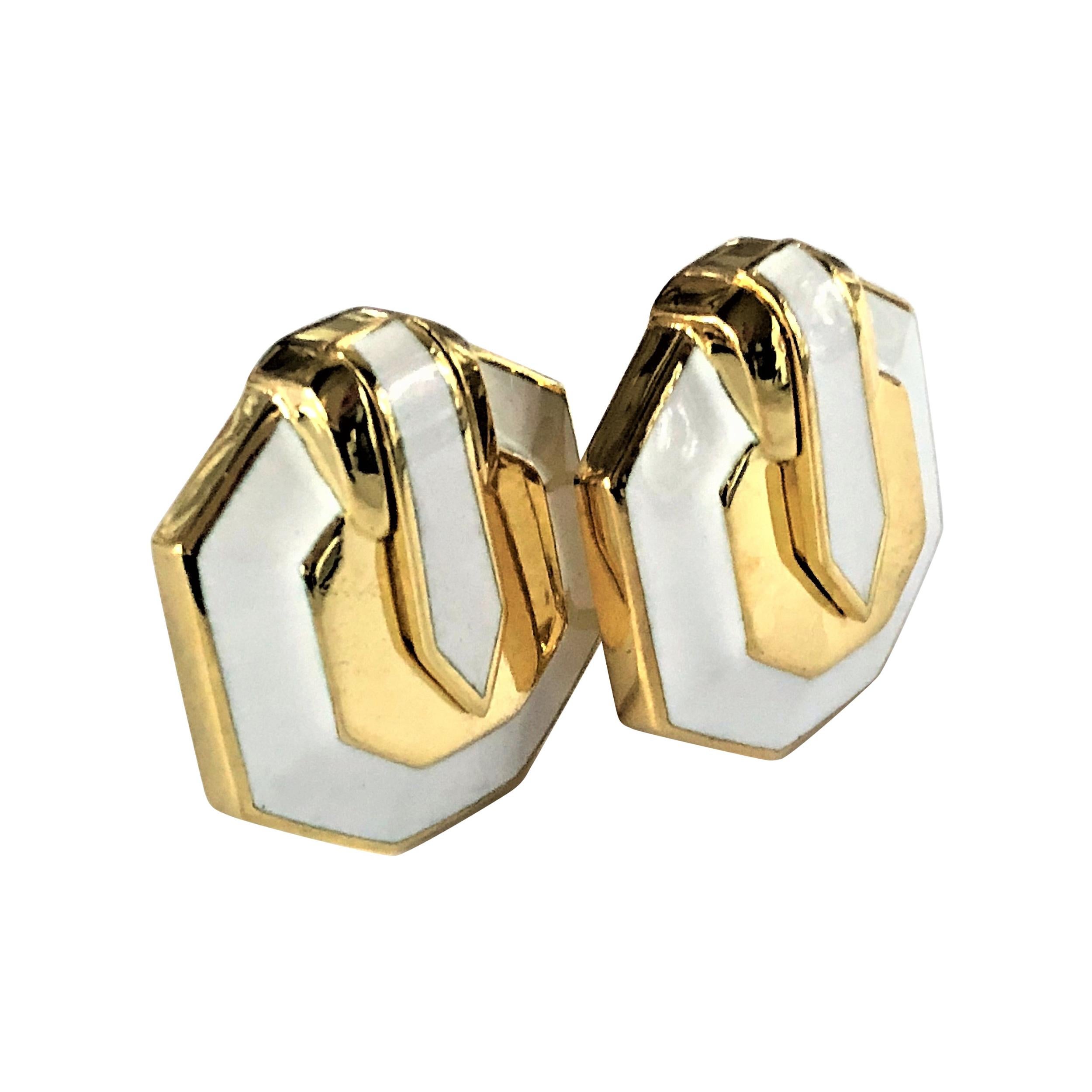 David Webb Gold and White Enamel Earrings