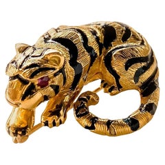 David Webb Gold Black Enamel and Ruby Baby Tiger Brooch