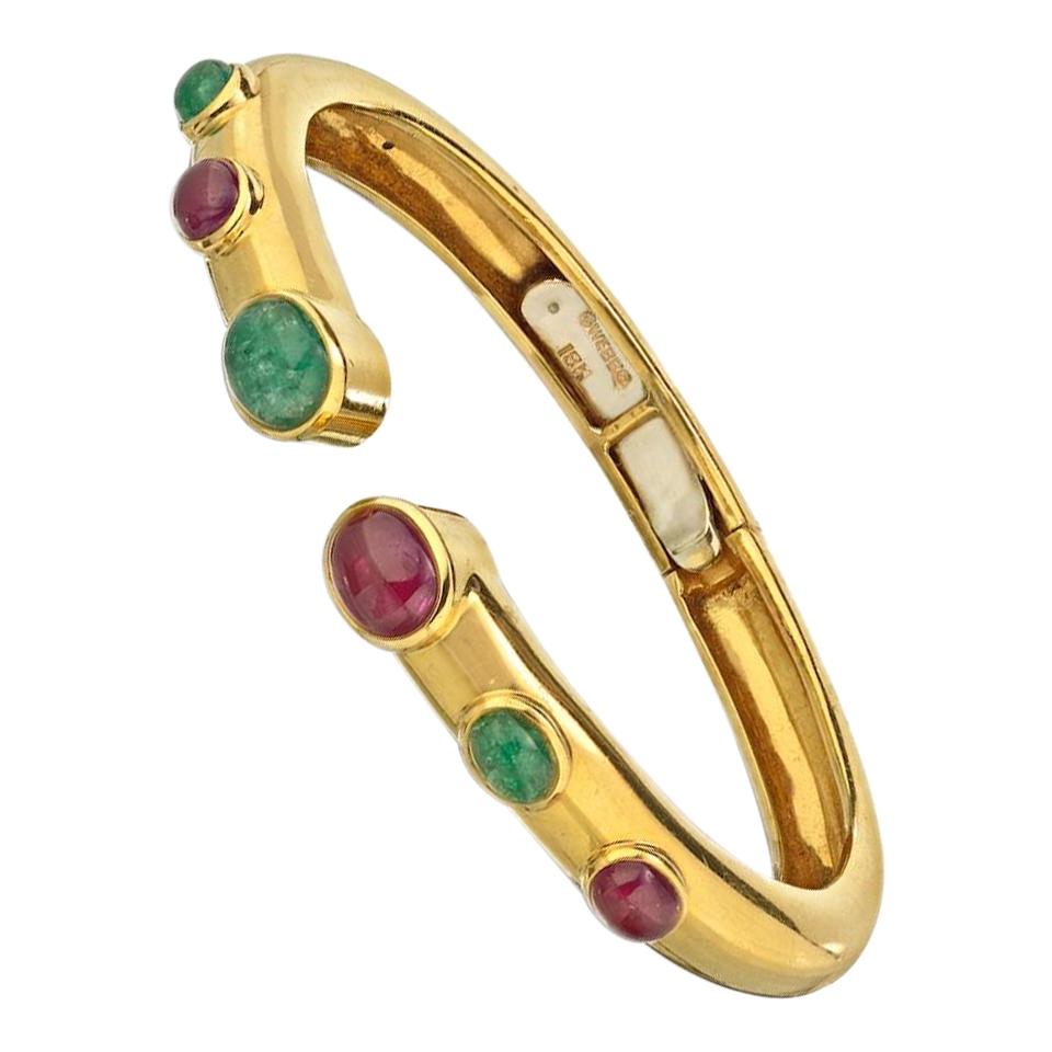 David Webb Gold Cabochon Ruby and Emerald Bangle Bracelet
