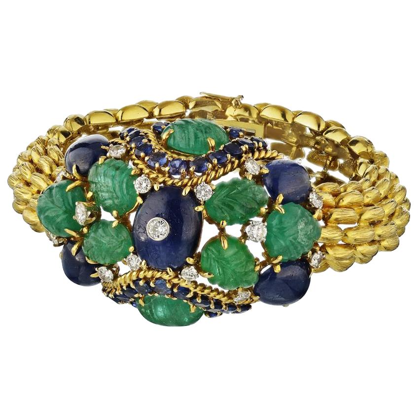 David Webb Gold Cabochon Sapphires and Carved Emeralds Bracelet