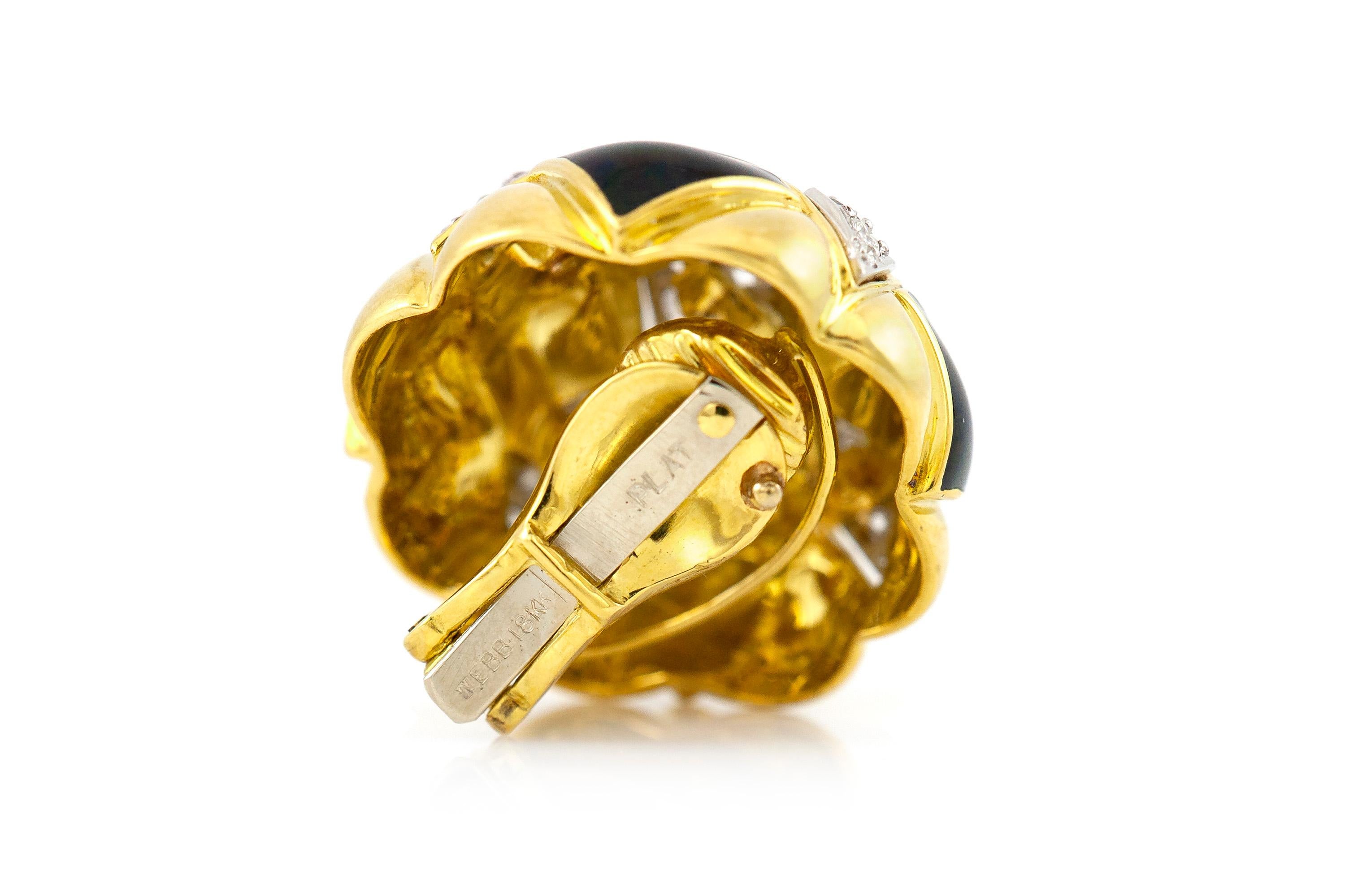 Round Cut David Webb Gold and Black Enamel Earrings with Diamonds