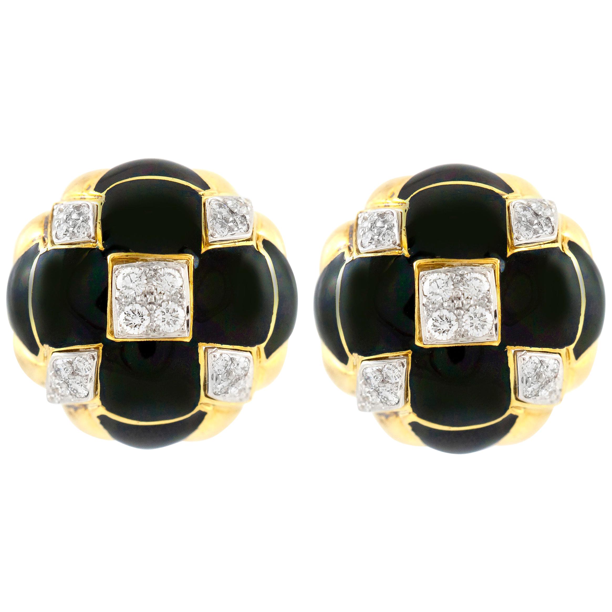 David Webb Gold and Black Enamel Earrings with Diamonds For Sale