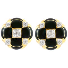 Retro David Webb Gold and Black Enamel Earrings with Diamonds