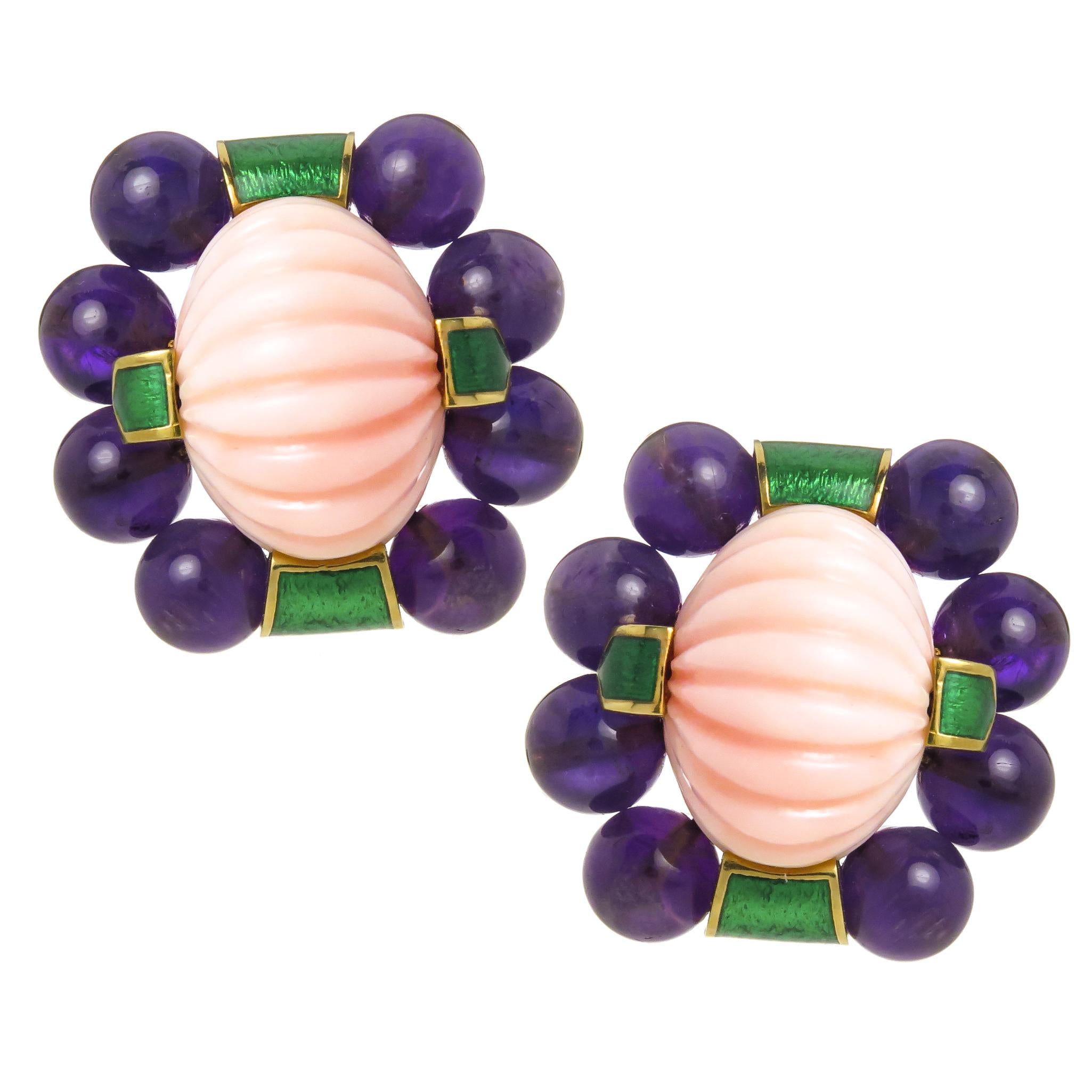 David Webb Gold Coral and Amethyst Large Impressive Earrings