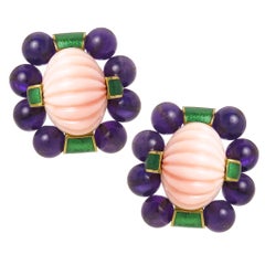 Vintage David Webb Gold Coral and Amethyst Large Impressive Earrings
