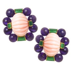 David Webb Gold Coral and Amethyst Large Impressive Earrings