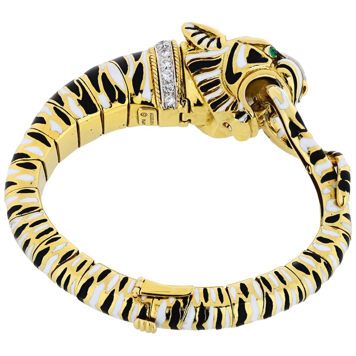 David Webb Gold, Diamond and Emerald Tiger Bangle Bracelet
