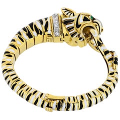 Vintage David Webb Gold, Diamond and Emerald Tiger Bangle Bracelet