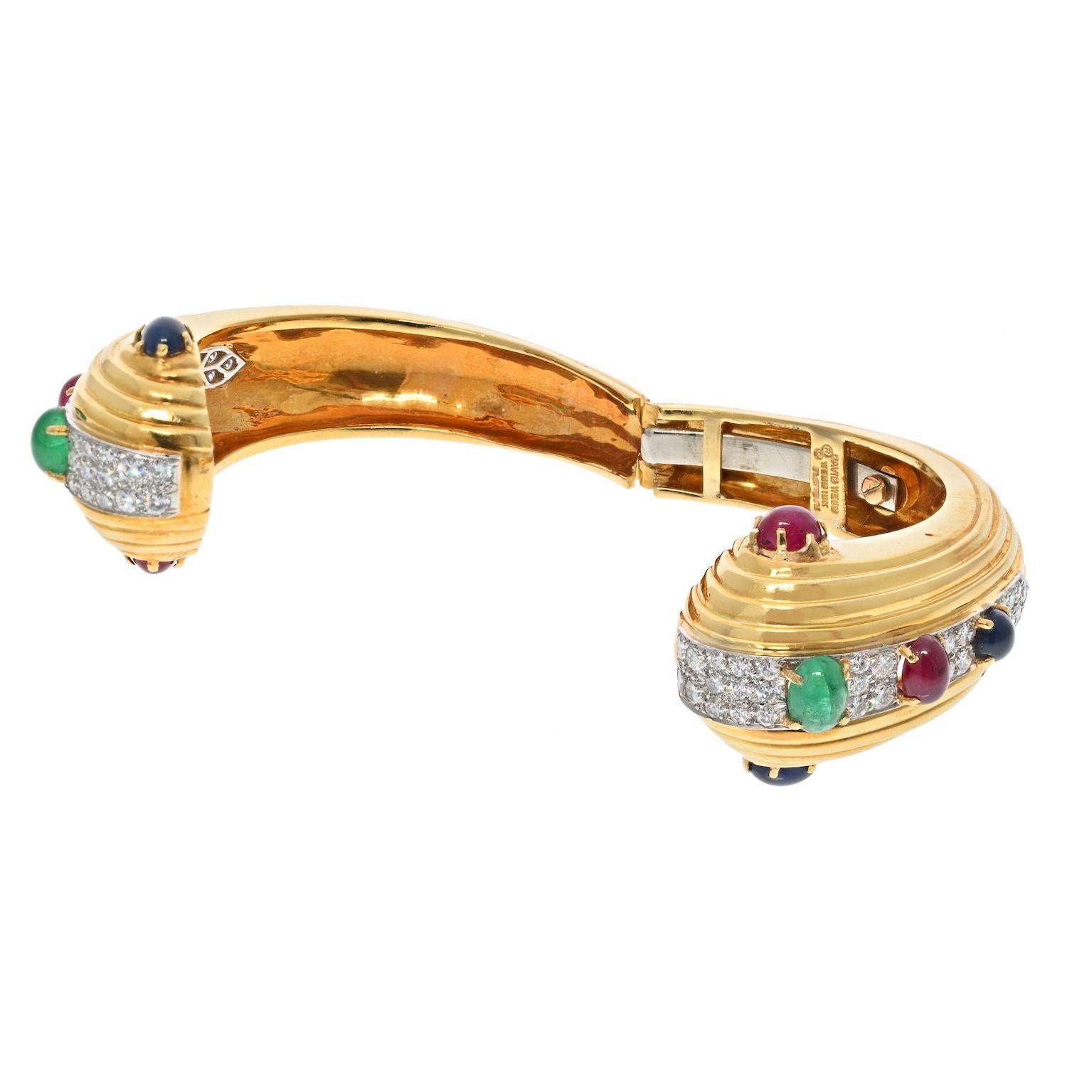 Modern David Webb Gold Diamond, Cabochon, Ruby Sapphire Hinged Bracelet For Sale