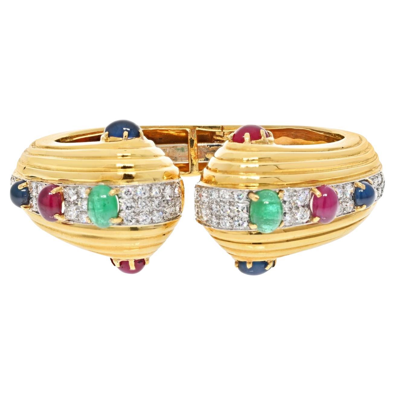 David Webb Gold Diamond, Cabochon, Ruby Sapphire Hinged Bracelet For Sale