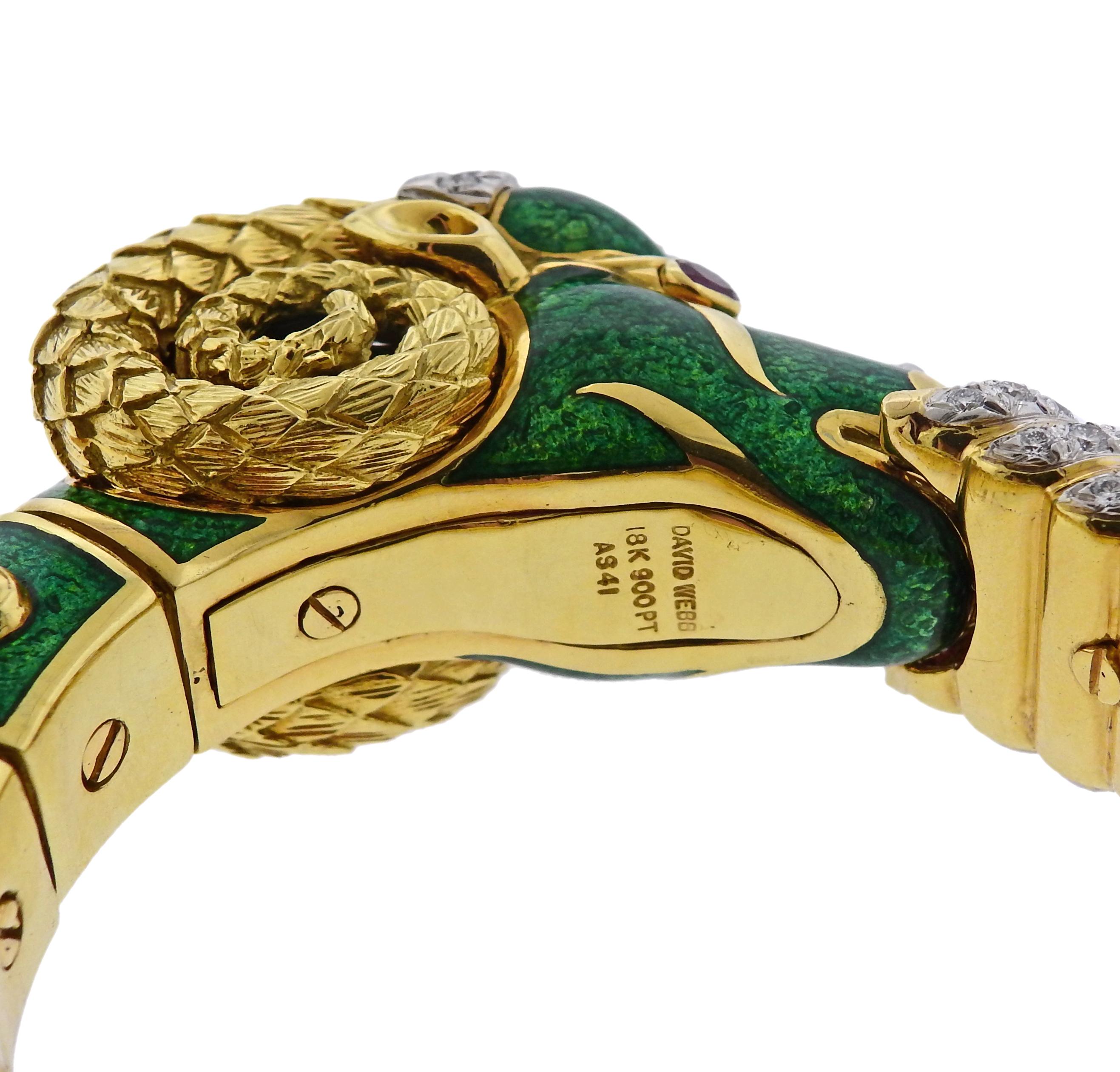 Round Cut David Webb Gold Diamond Green Enamel Ram's Head Bracelet For Sale