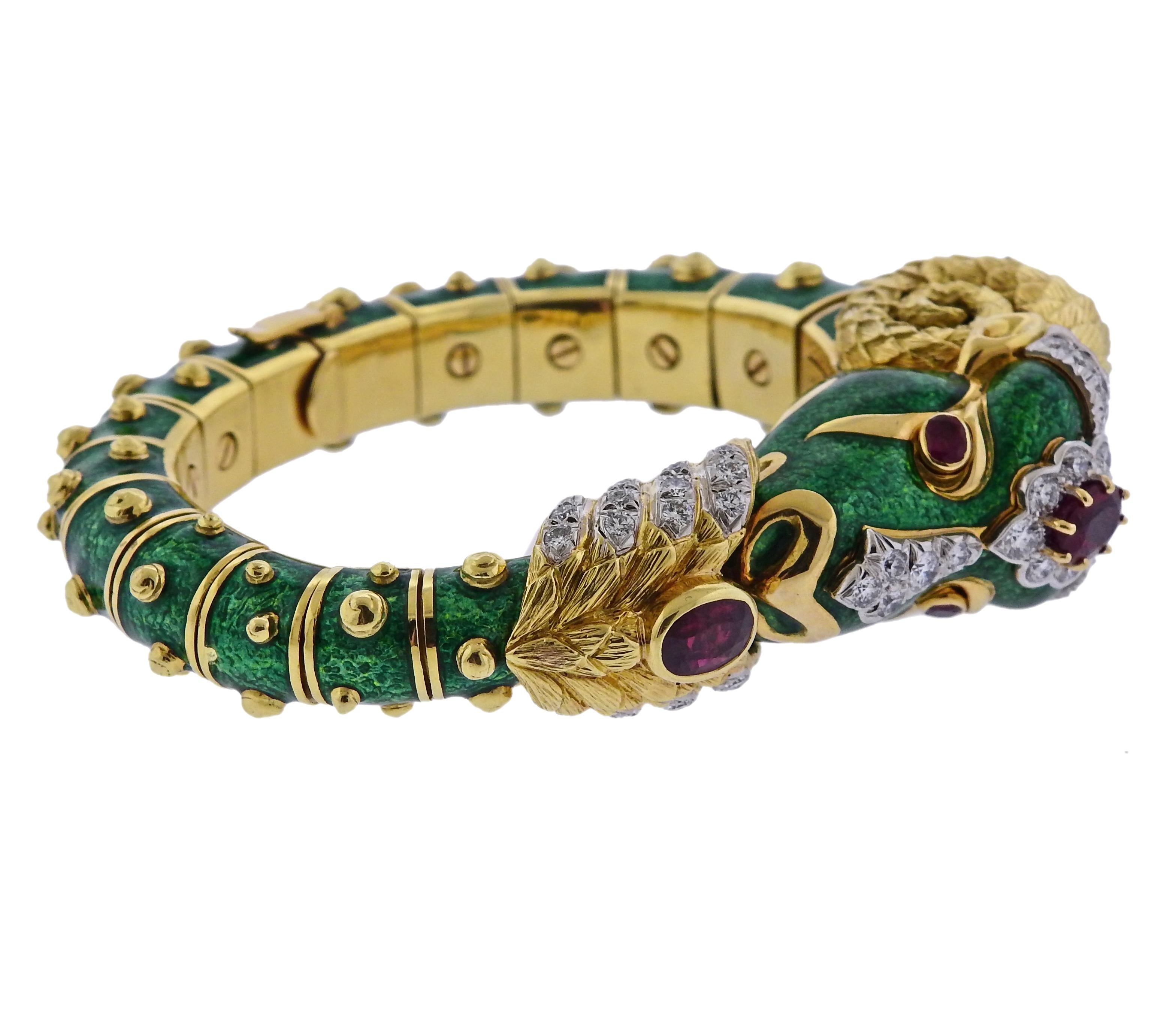 David Webb Gold Diamond Green Enamel Ram's Head Bracelet In Excellent Condition For Sale In Lambertville, NJ