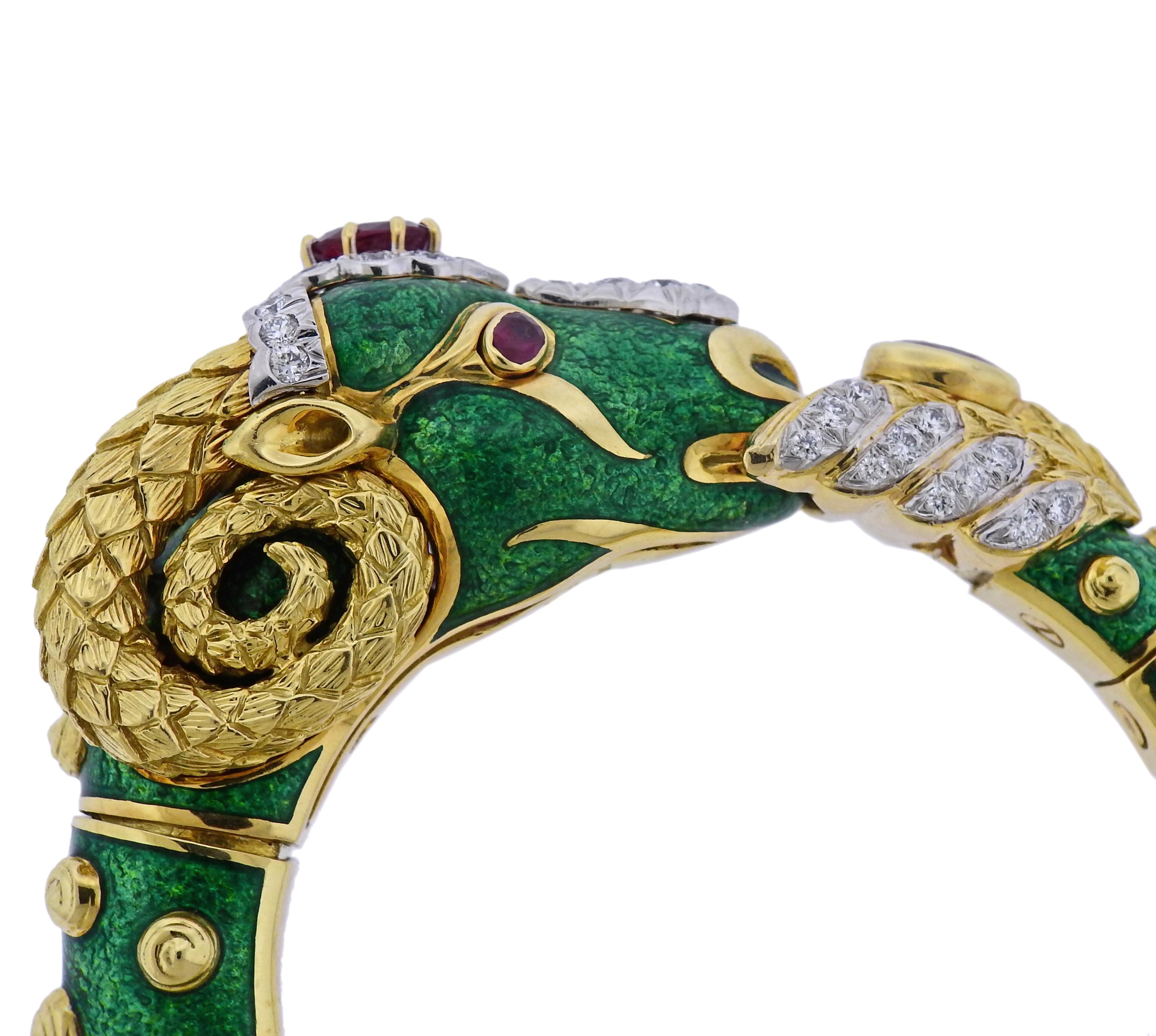David Webb Gold Diamond Green Enamel Ram's Head Bracelet For Sale 1