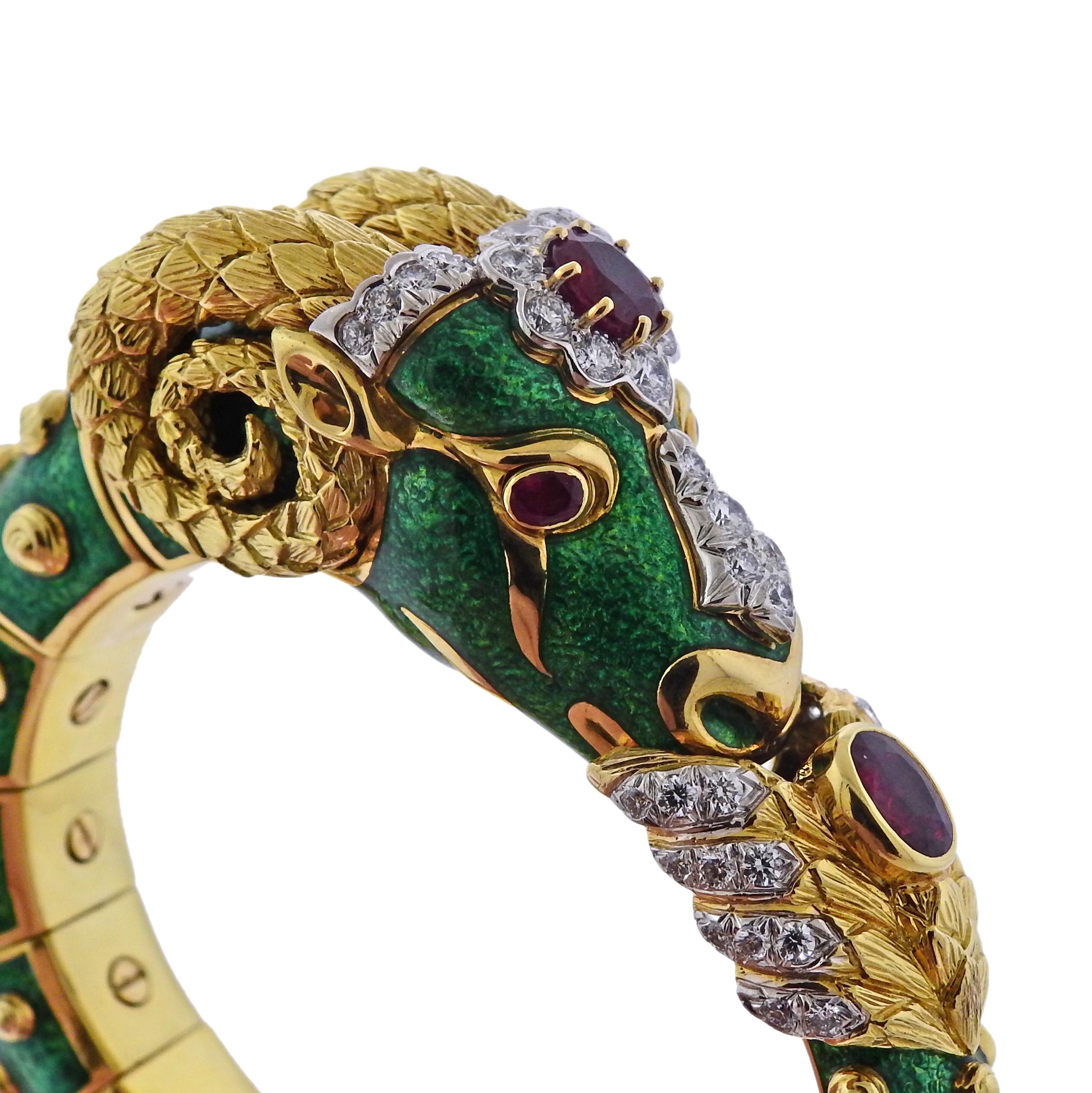 David Webb Gold Diamond Green Enamel Ram's Head Bracelet For Sale 2