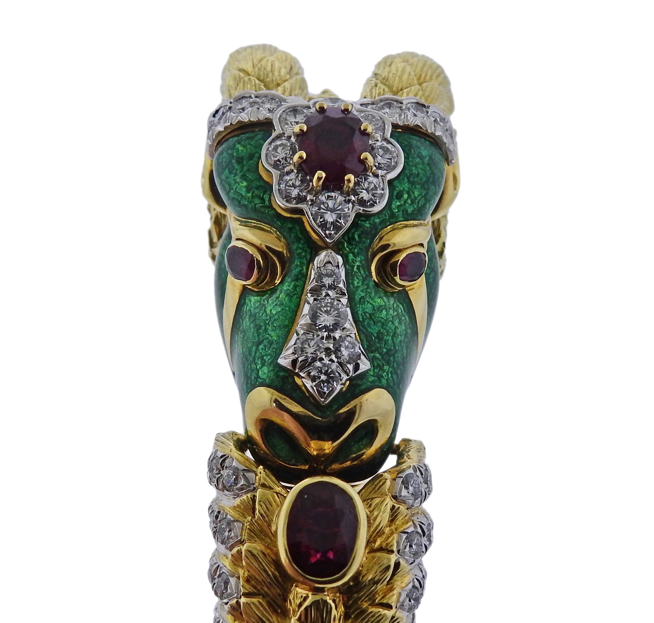 David Webb Gold Diamond Green Enamel Ram's Head Bracelet For Sale 3