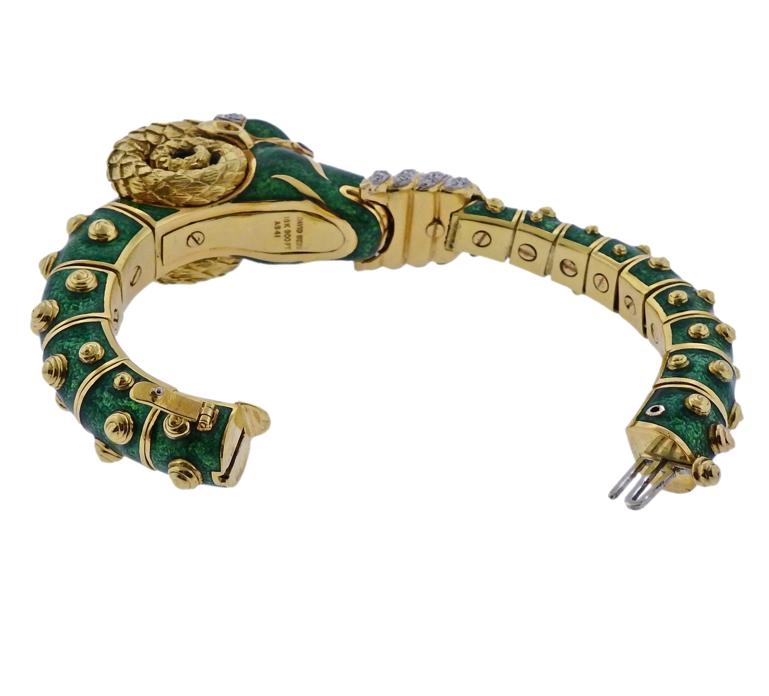 David Webb Gold Diamond Green Enamel Ram's Head Bracelet For Sale 4