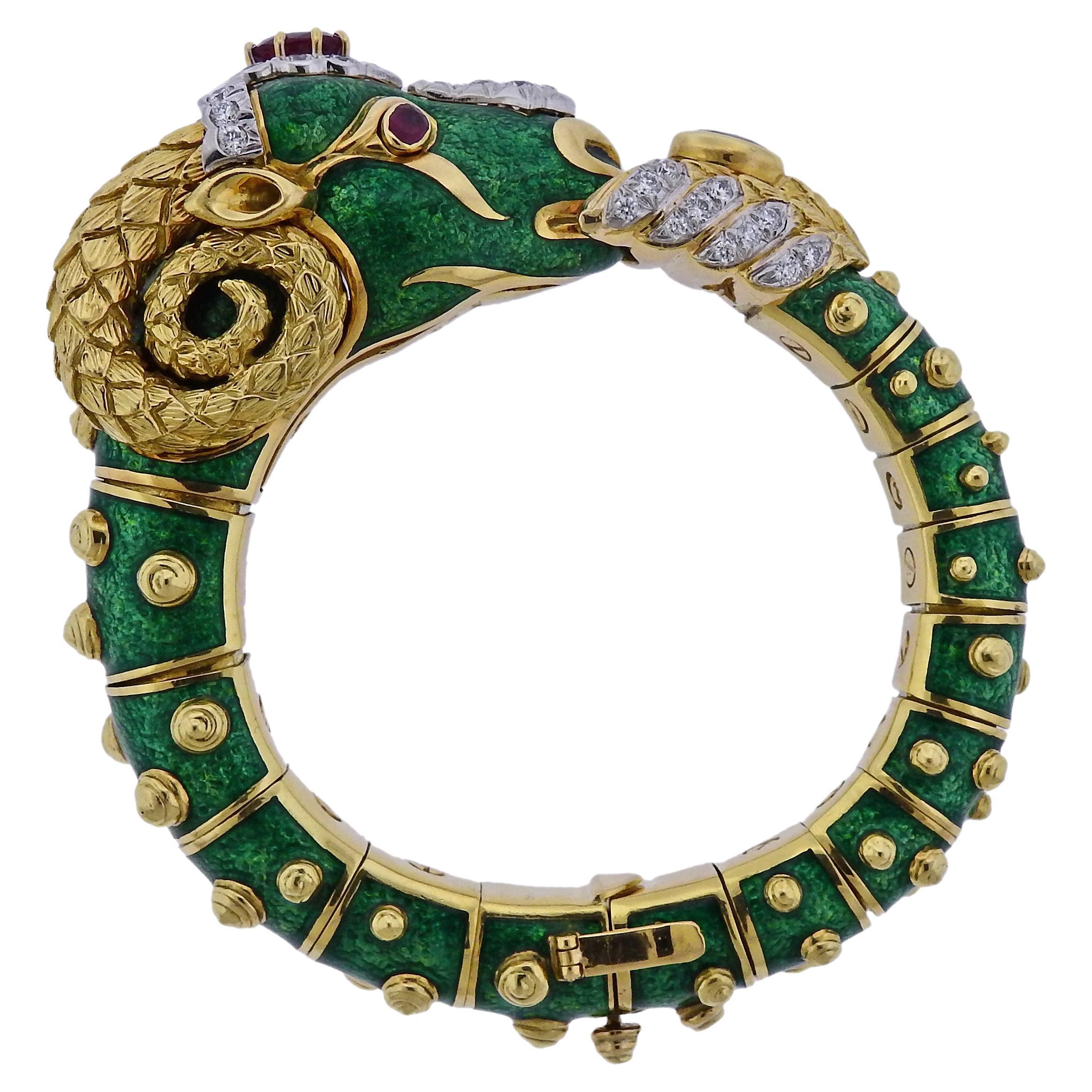 David Webb Gold Diamond Green Enamel Ram's Head Bracelet For Sale