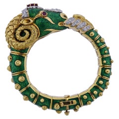 David Webb Gold Diamond Green Enamel Ram's Head Bracelet