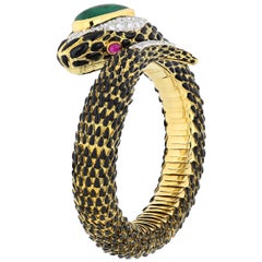 David Webb Gold, Emerald, Ruby and Diamond Snake Charmer Bracelet