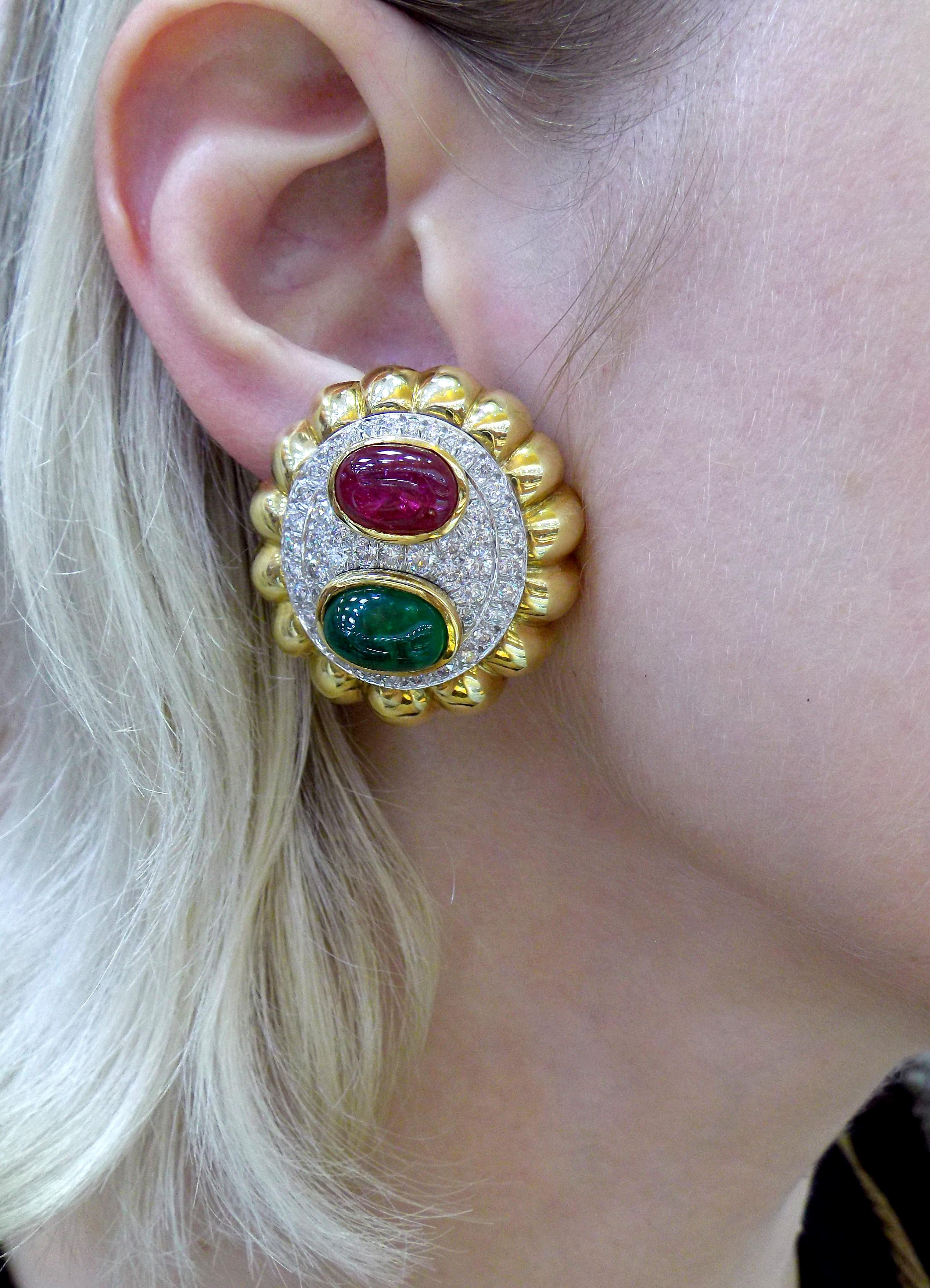 David Webb Gold Emerald Ruby Diamond Necklace and Earclips For Sale 1