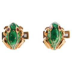 David Webb Gold Green Enamel Frog Cufflinks