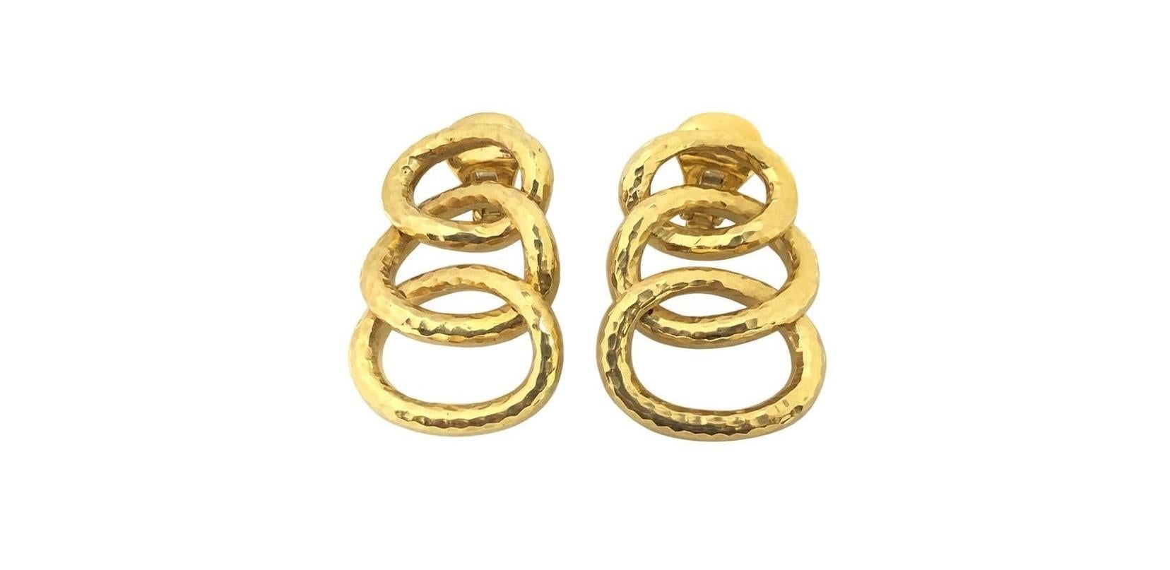Modern David Webb Gold Hammered Triple Hoop Clip-On Earrings