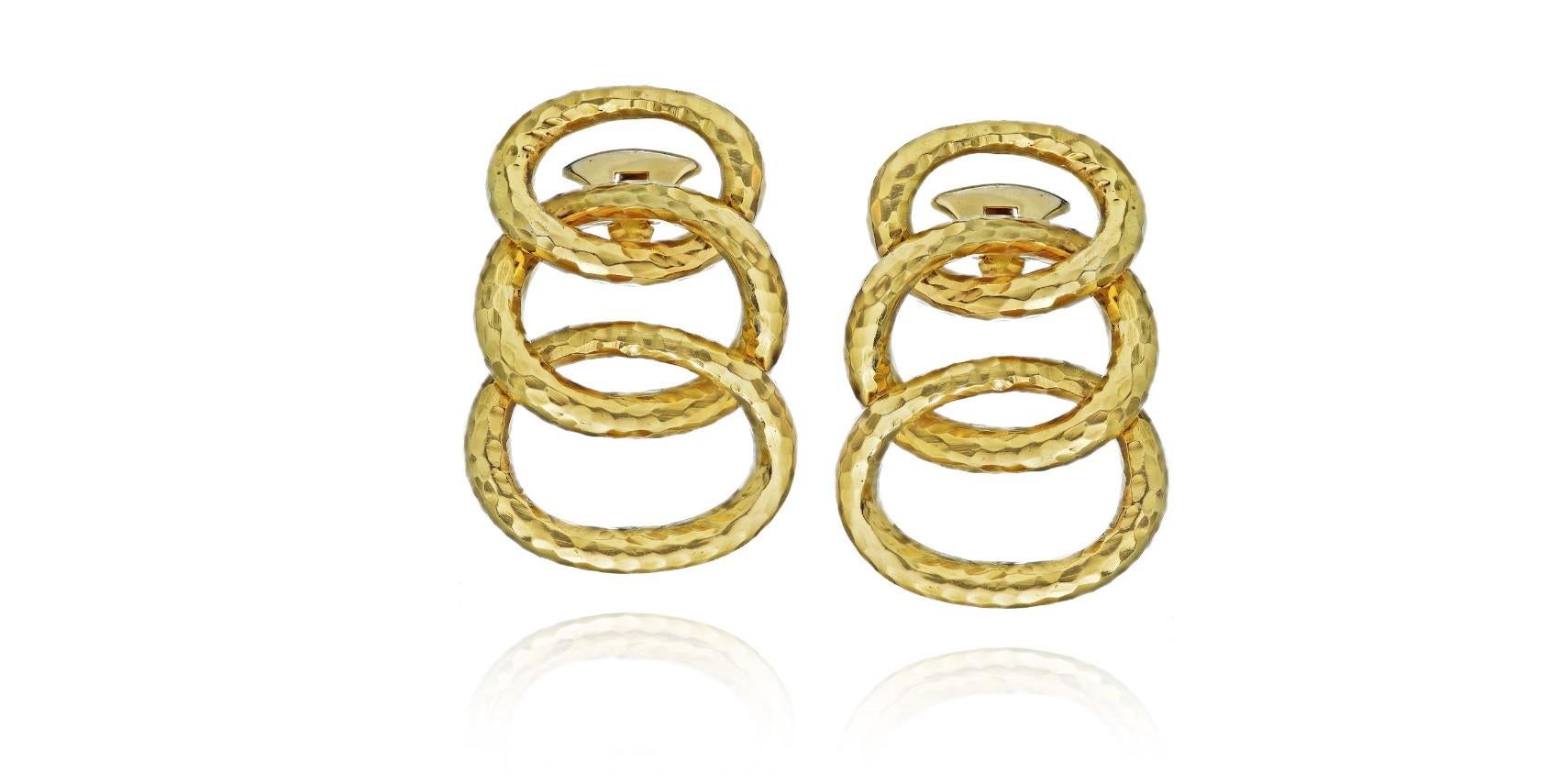 David Webb Gold Hammered Triple Hoop Clip-On Earrings In Excellent Condition In New York, NY