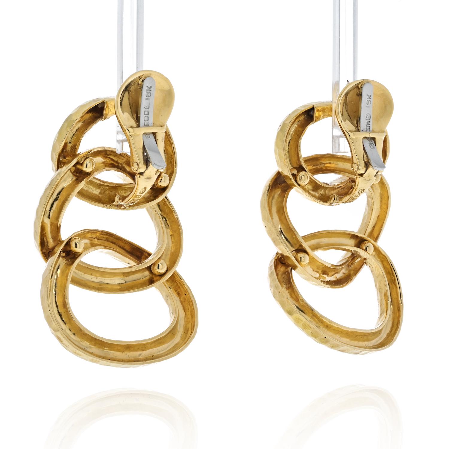 David Webb Gold Hammered Triple Hoop Clip-On Earrings 2