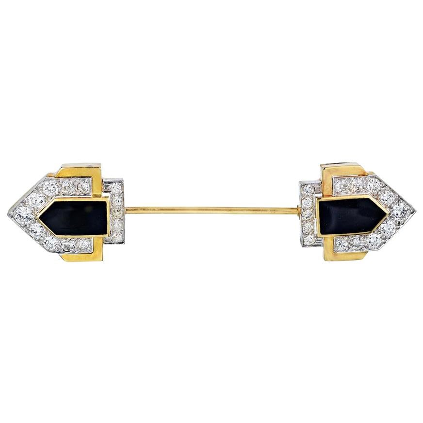 David Webb Gold Jabot Diamond and Black Onyx Vintage Pin Brooch