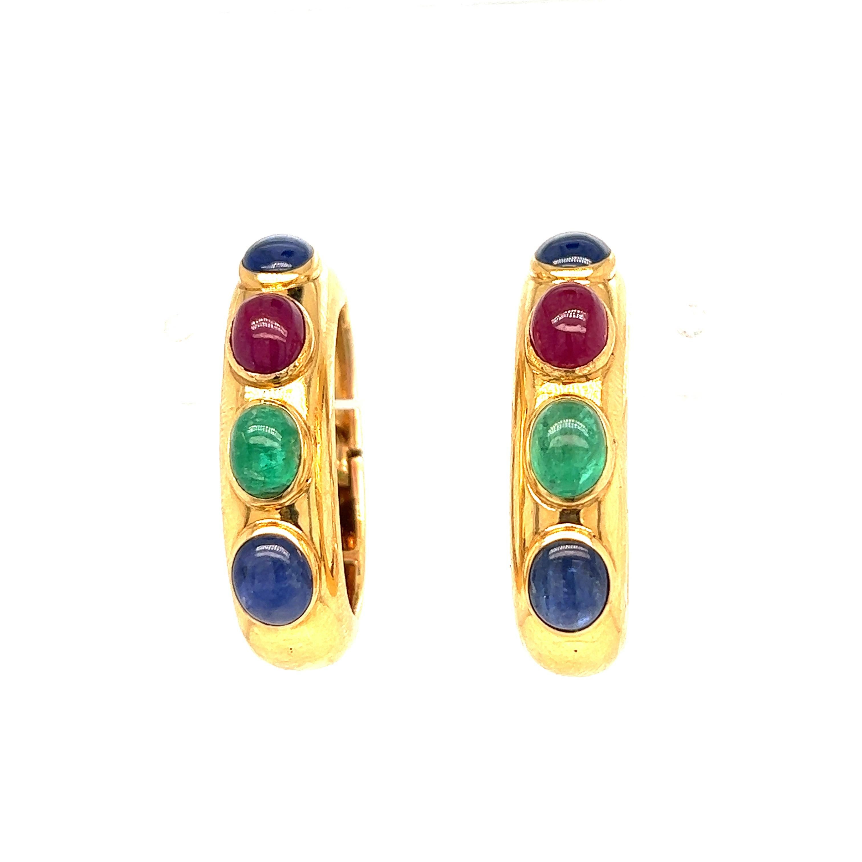David Webb gold multi-gem ear clips 

Hinged hoops with cabochon rubies, emeralds, and sapphires; 18 karat yellow gold; marked Webb, 18k

Size: width 0.8 cm, length 2.8 cm
Total weight: 17.4 grams 