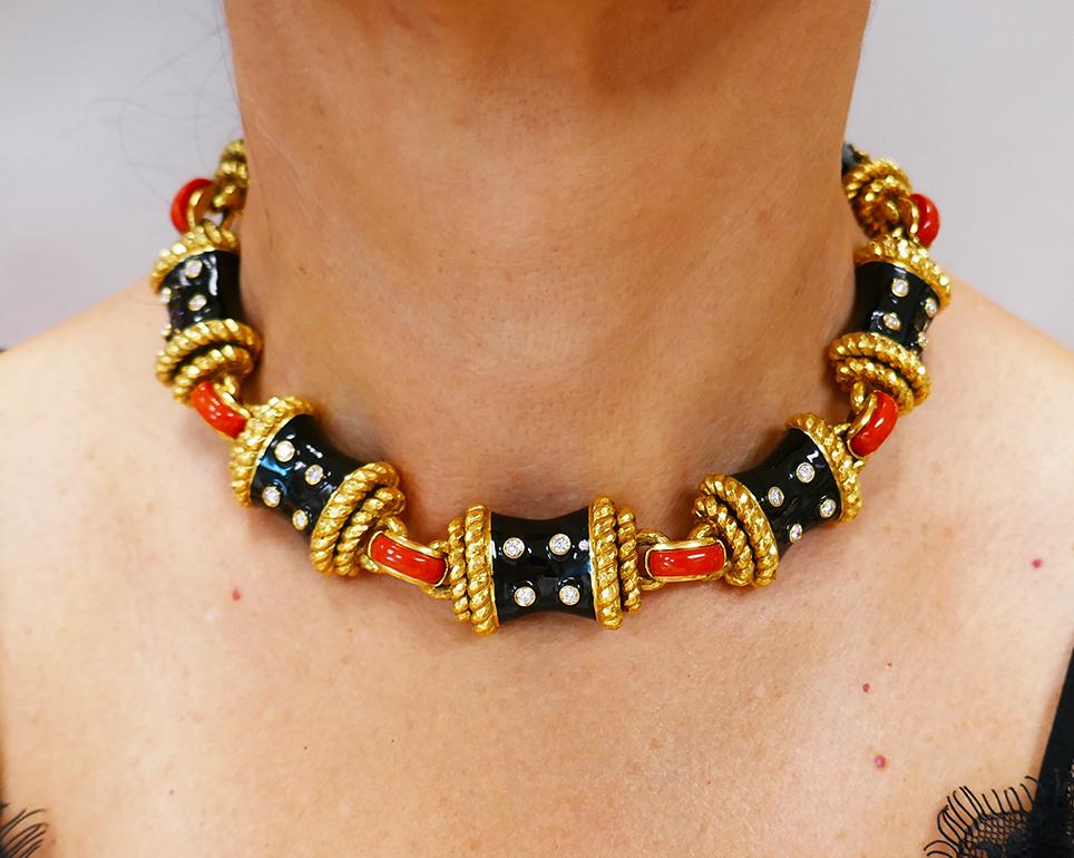 An important David Webb necklace made of 18k gold, enamel, and carved coral, featuring diamond. 
This stunning piece is an ultimate Webb jewel, each detail of which is permeated with the daring designer’s spirit. The necklace consists of the H-shape