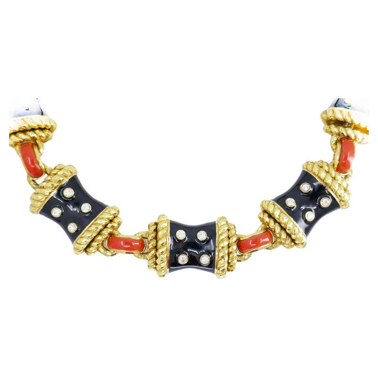 Round Cut David Webb Gold Necklace Black Enamel Diamond Coral Stud Estate Jewelry For Sale
