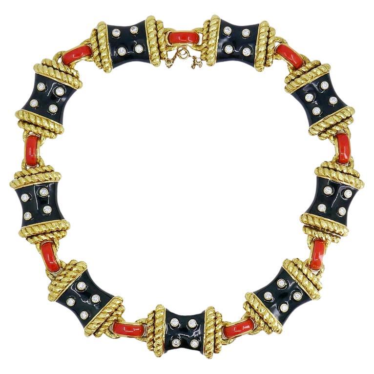 David Webb Gold Necklace Black Enamel Diamond Coral Stud Estate Jewelry For Sale