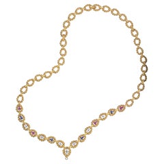 David Webb Gold Open Link, Twisted Design, Sapphire, Ruby, Diamond Chain Necklace