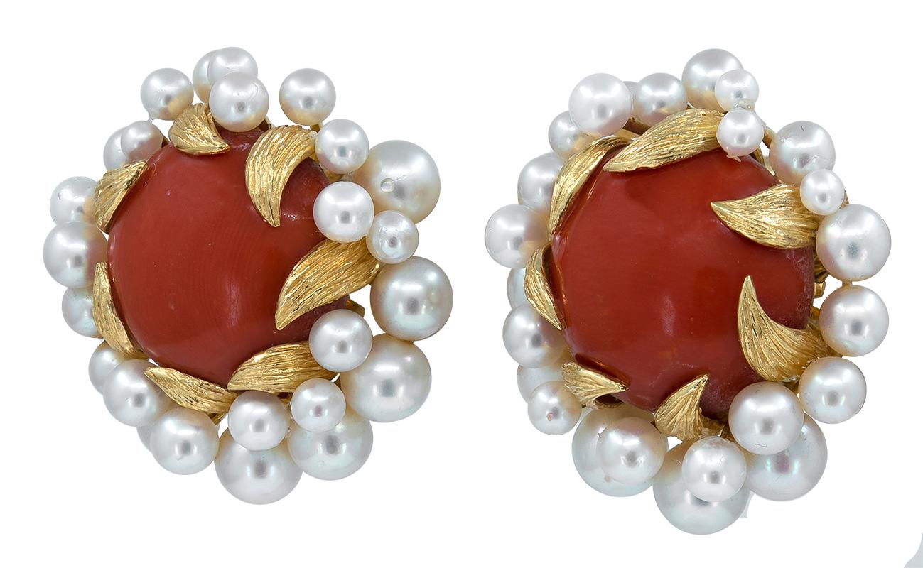 David Webb Gold, Pearl and Coral Ear Clips In Excellent Condition In New York, NY