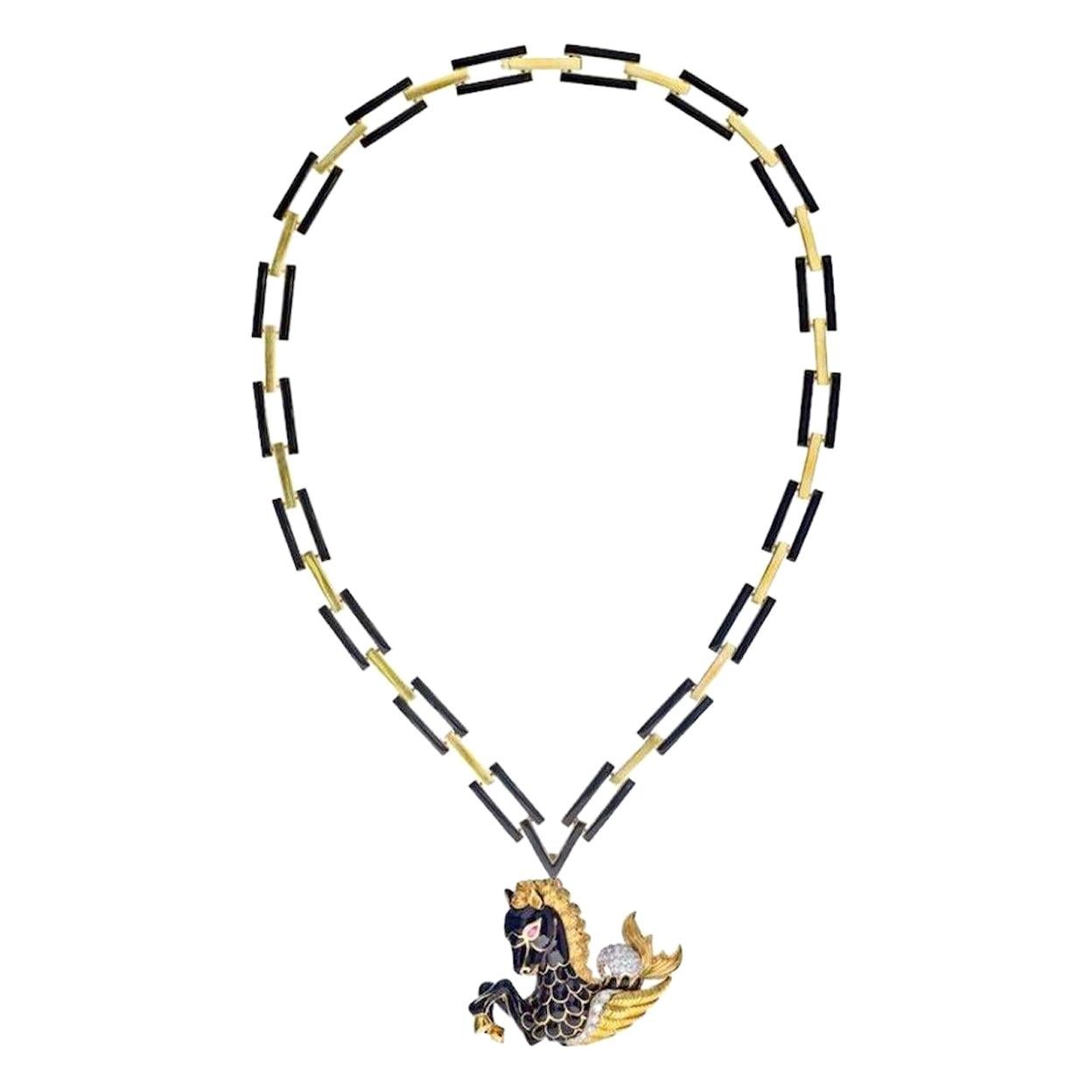 David Webb Gold Pegasus Black Enamel Ruby Eyes Diamond Pin Pendant Necklace