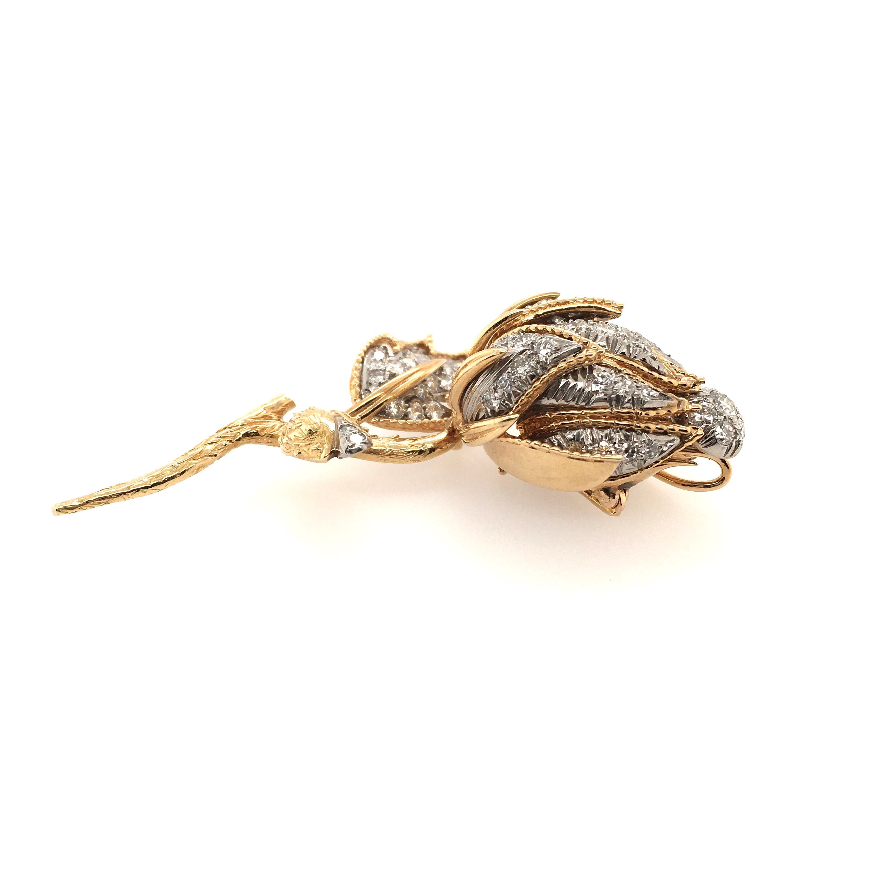 Women's or Men's David Webb Gold, Platinum and Diamond Flower Brooch