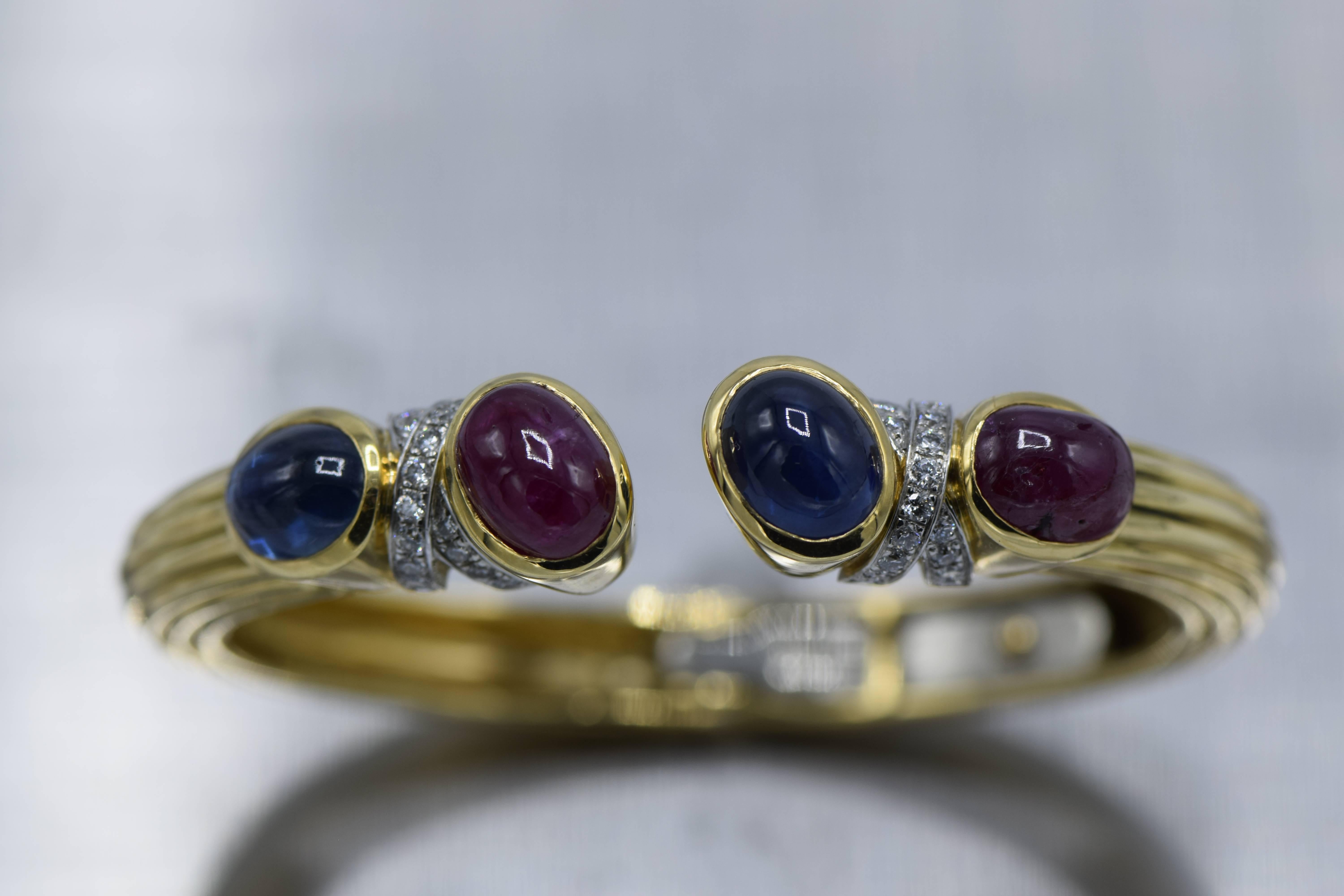David Webb Gold, Platinum, Cabochon Ruby, Sapphire and Diamond Bangle Bracelet In Excellent Condition In New York, NY