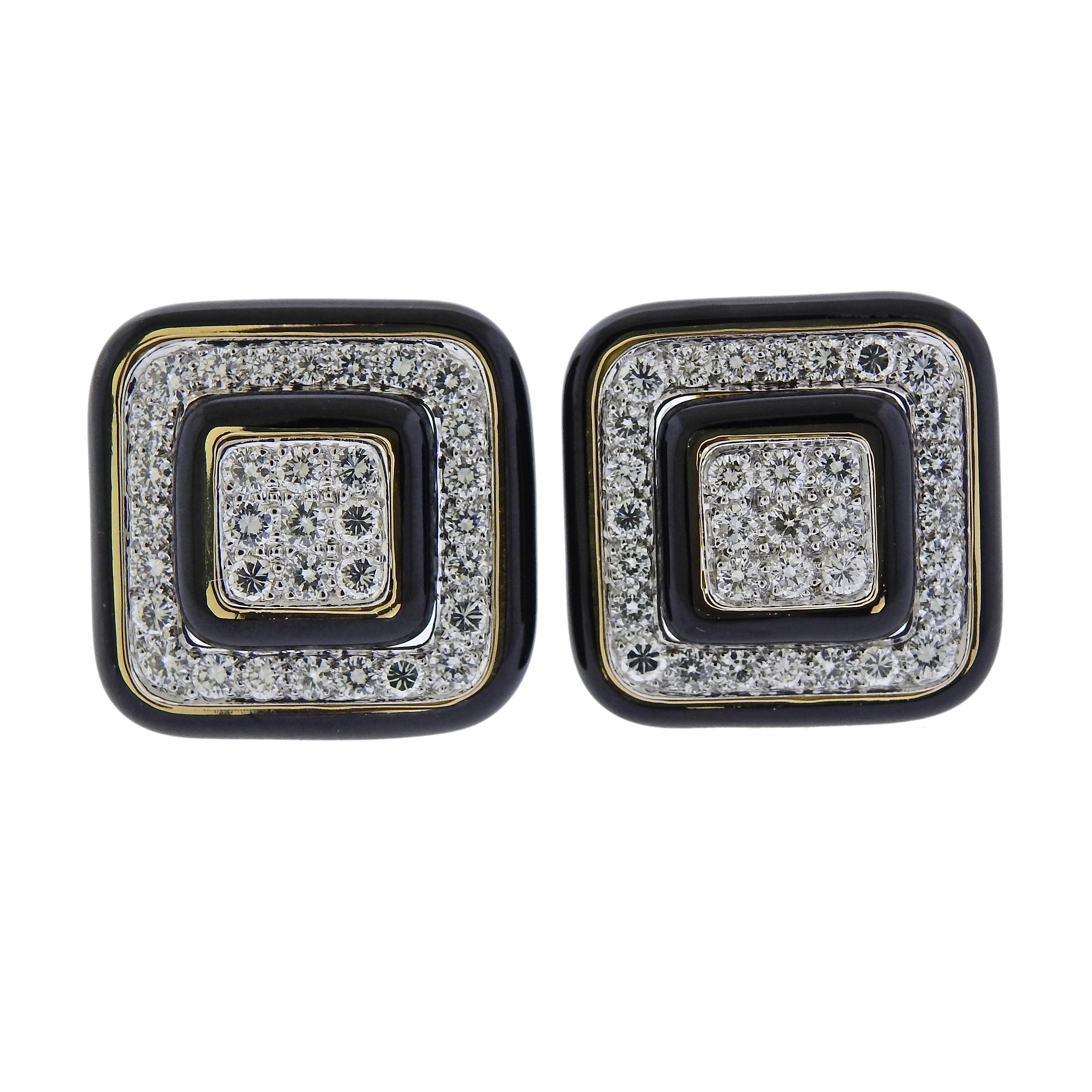 David Webb Gold Platinum Diamond Enamel Earrings