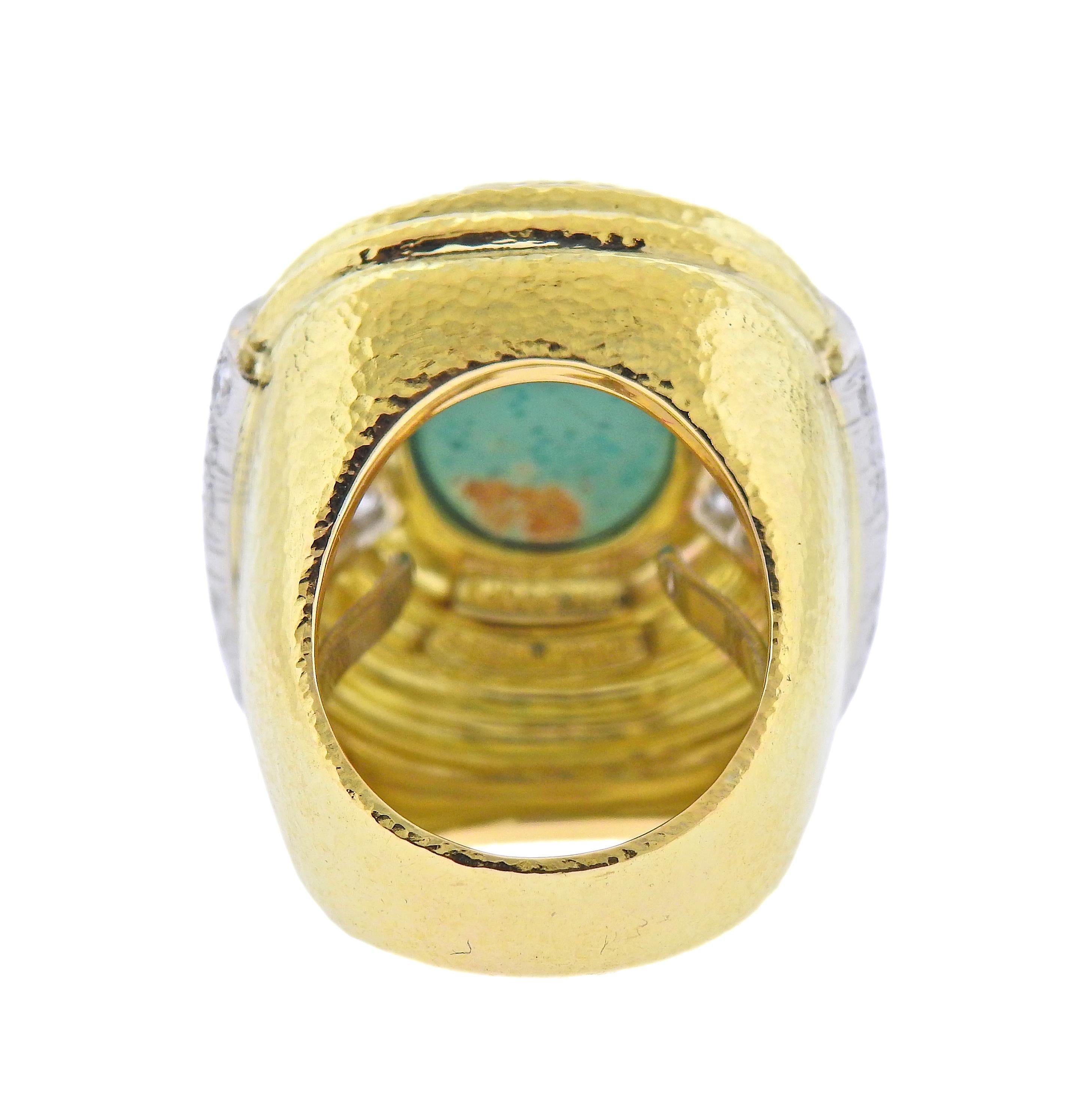 Round Cut David Webb Gold Platinum Diamond Turquoise Cocktail Ring For Sale