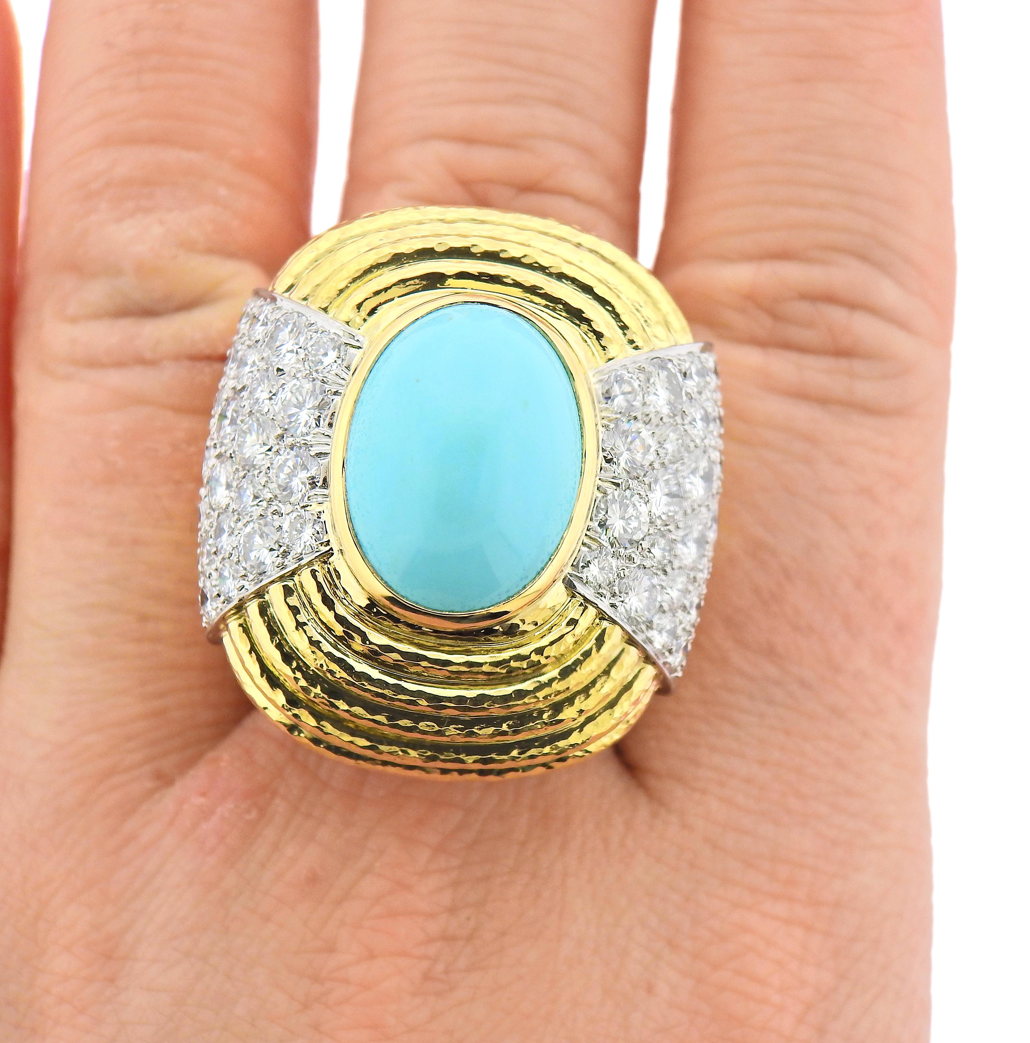 David Webb Gold Platinum Diamond Turquoise Cocktail Ring In Excellent Condition For Sale In Lambertville, NJ