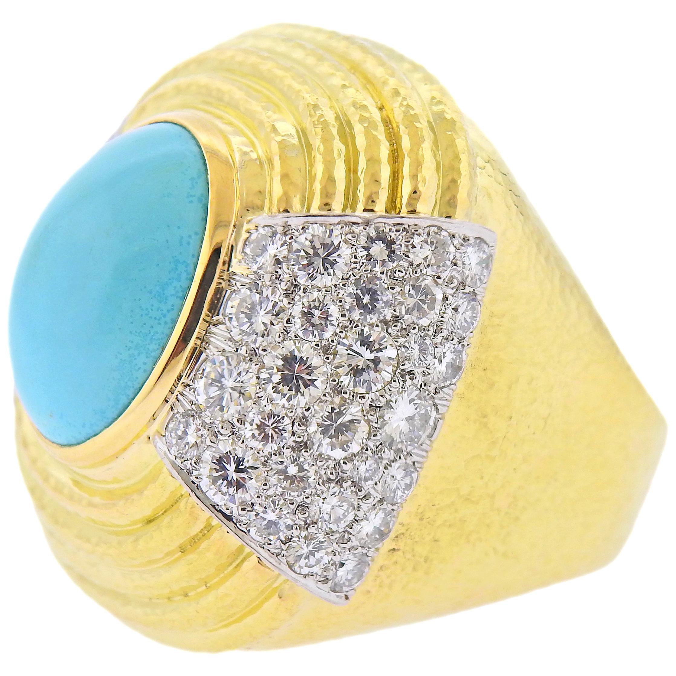 David Webb Gold Platinum Diamond Turquoise Cocktail Ring For Sale