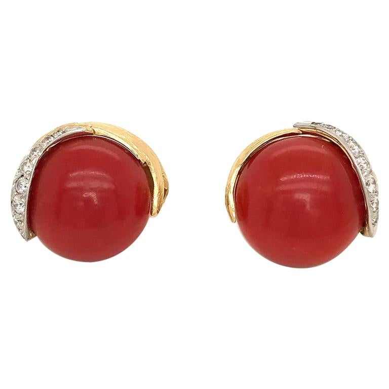 David Webb Gold Round Coral Pave Diamond 18 Karat and Platinum Pierced Earring For Sale