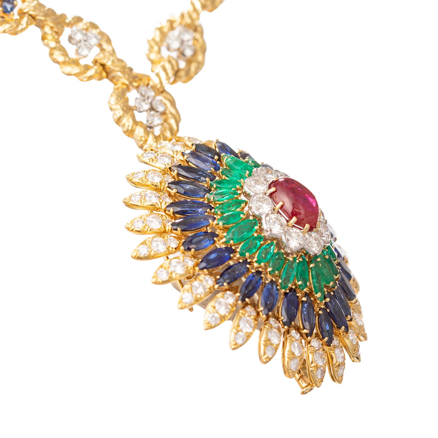 Cabochon David Webb - Collana con ciondolo in oro con zaffiro e smeraldo e diamante in vendita