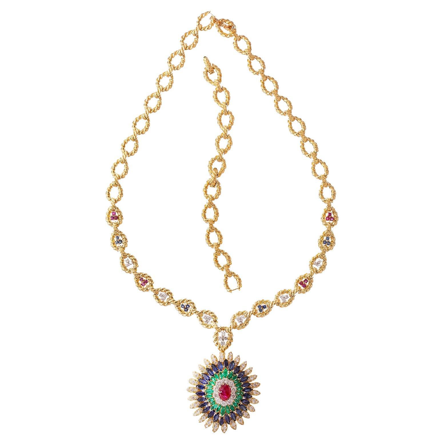 David Webb Gold Ruby Sapphire Emerald Diamond Pendant Necklace