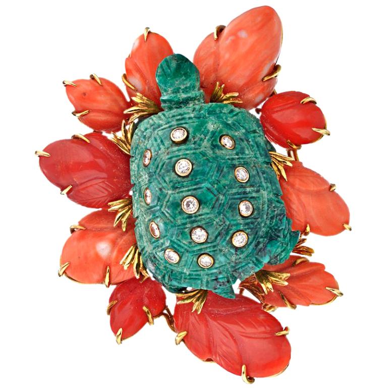 David Webb Gold Sea Turtle Diamond Turquoise and Coral 18 Karat Brooch Pin