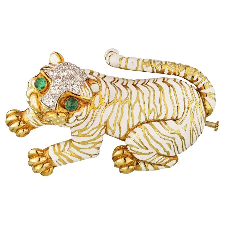 David Webb Gold Tiger Emerald Diamond and White Enamel Brooch Pin For Sale